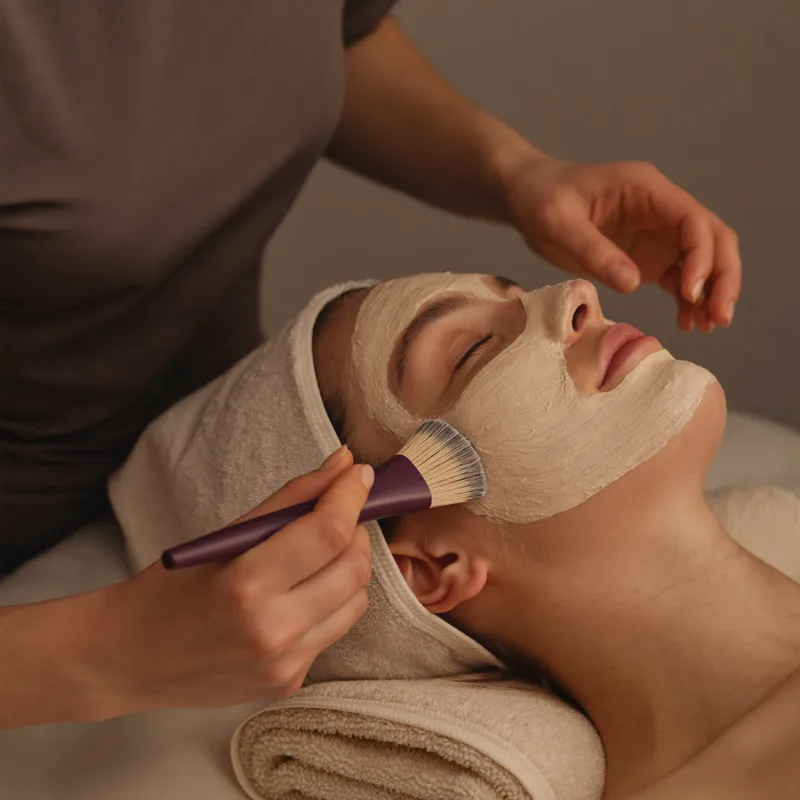 Client relaxing with eyes closed while an esthetician applies a facial mask with a brush