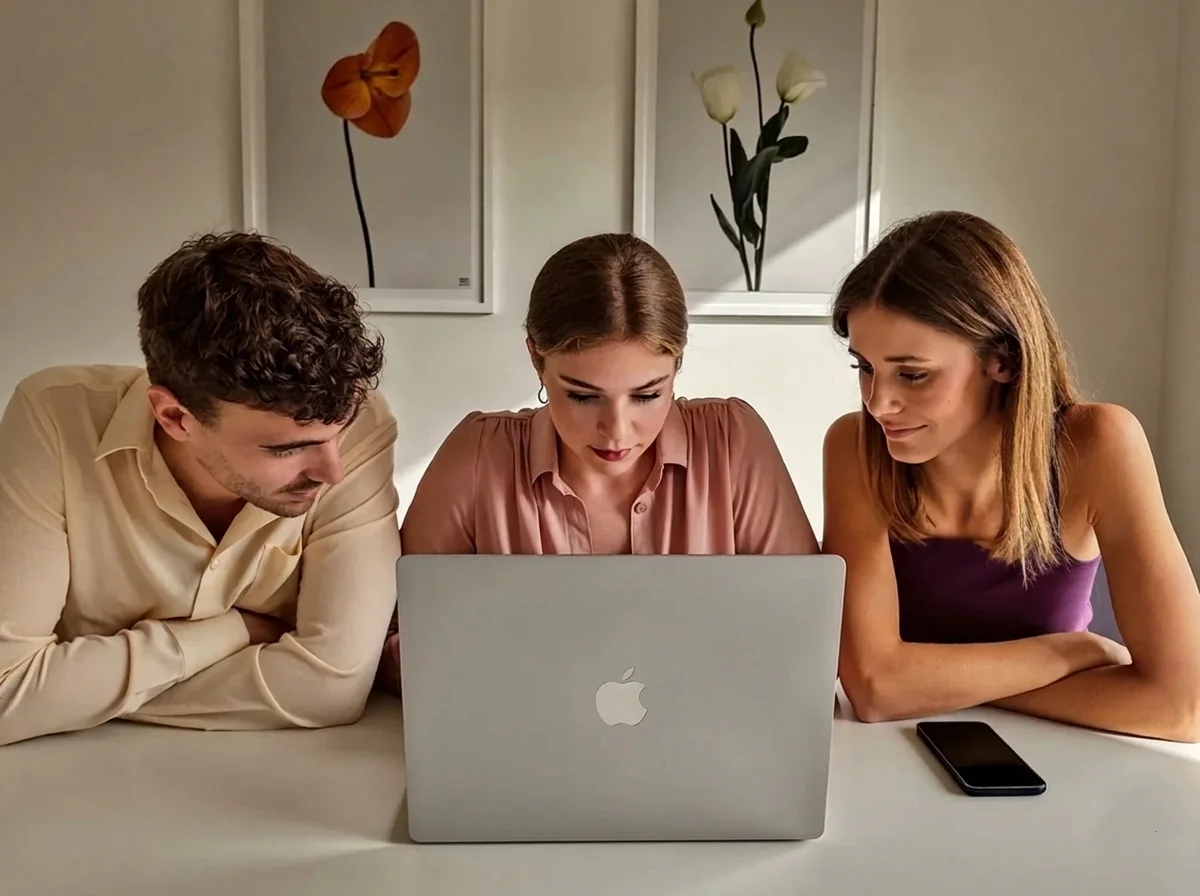 Three people reviewing one laptop screen together in a bright studio office