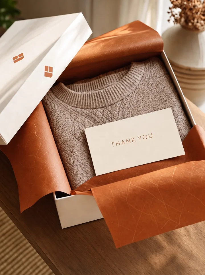Hands opening a branded box with orange tissue paper and a thank-you card on top