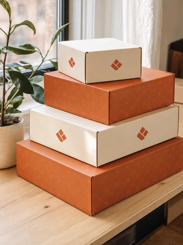 A neat stack of branded orange and cream mailer boxes by a bright window