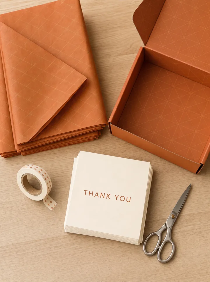 Top-down flat lay of branded tissue paper, patterned tape and thank-you cards