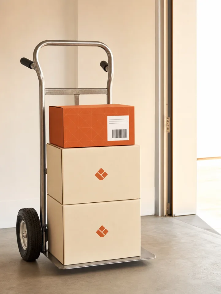 Branded parcels stacked by a bright studio doorway, the top one labeled for shipping