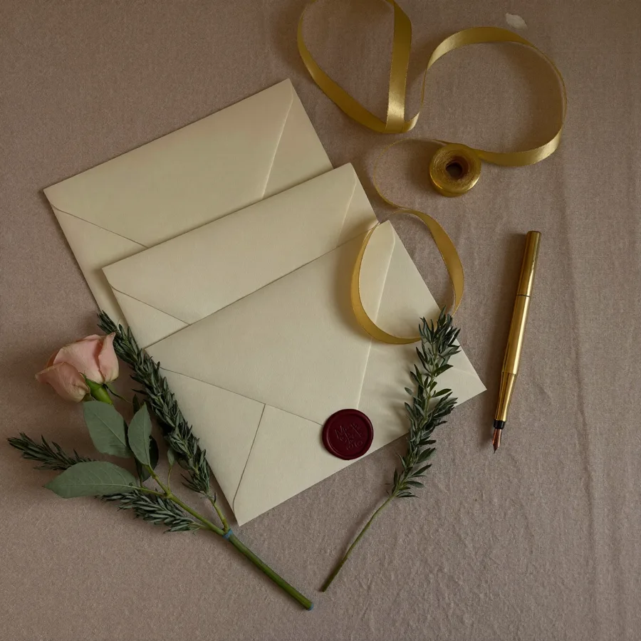 Cream envelopes sealed with burgundy wax, gold ribbon and a fountain pen on champagne linen