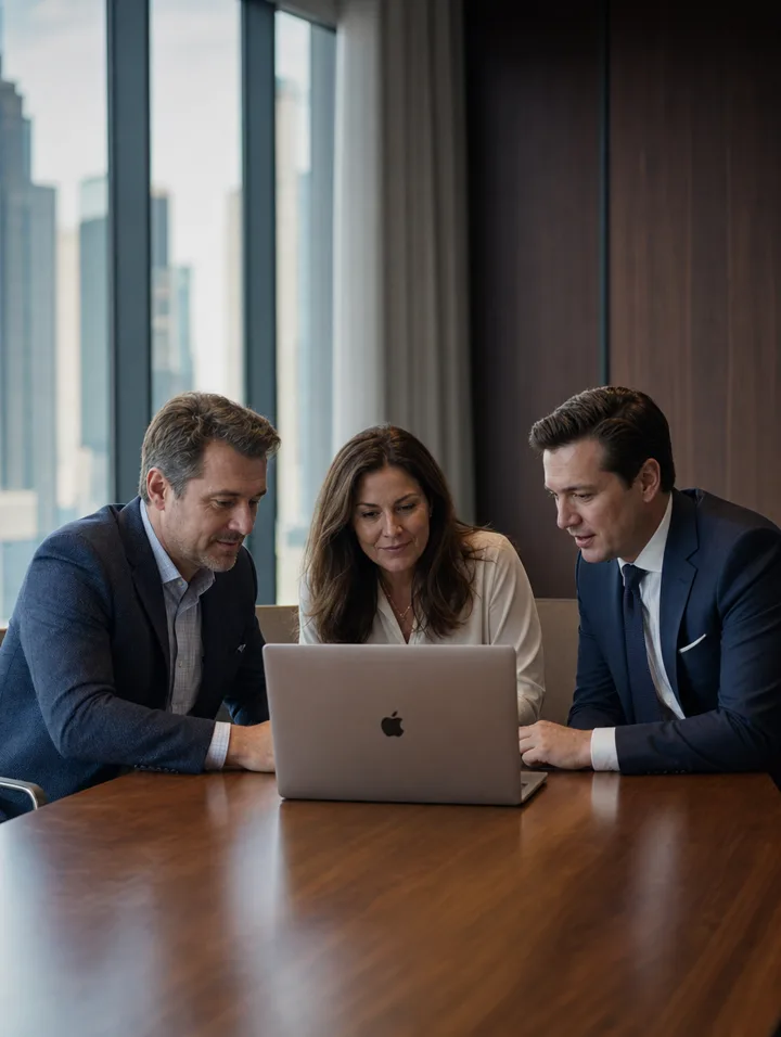 A financial advisor reviewing numbers with two clients in a bright modern office